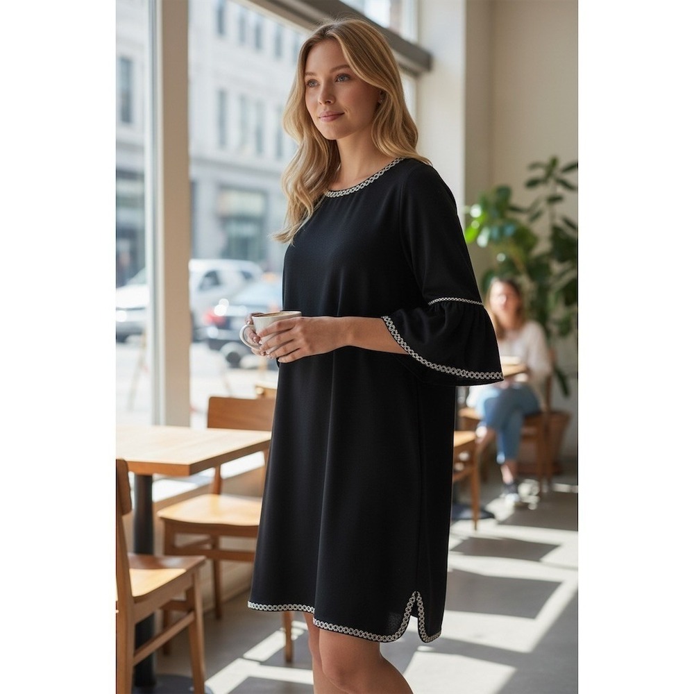 Max Studio Dress Womens Size M Black Shift Scoop Neck 3/4 Bell Sleeve Trim boho